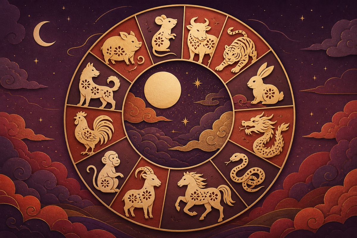 十二生肖剪紙圖案環繞月亮與祥雲的插畫