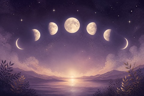 月相排列在夜空中的插畫