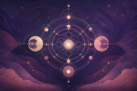 宇宙幾何與圓形軌跡插畫